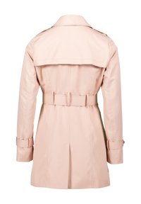 Light pink trench coat with a belted waist, long sleeves, and a back vent. Features a fold-over collar and shoulder epaulets.