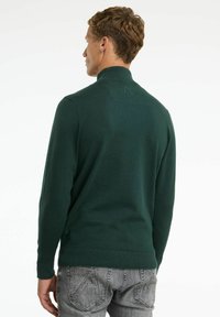 Grüner Pullover mit hohem Kragen, gerippten Bündchen und Saum. Verfügt über eine strukturierte Oberfläche und ein kleines Logo auf der Rückseite. Kombiniert mit grauen Jeans.