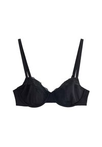 Sort bh med blondekant øverst, udformet med push-up skåle og justerbare stropper. Fremstillet af et glat stof med mat overflade.