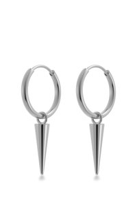 Sudraba auskaru riņķi ar konusveida stieņa piekari. Riņķi ir gludi un noapaļoti, ar pulētu metāla apdari.