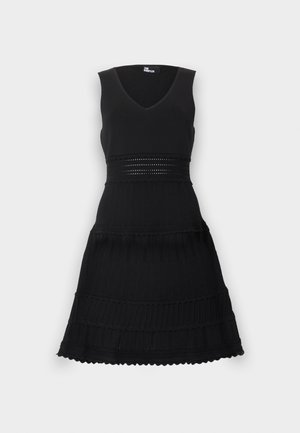 Sleeveless black dress with V-neck, fitted waist with eyelet detailing, and a flared skirt featuring textured horizontal bands.