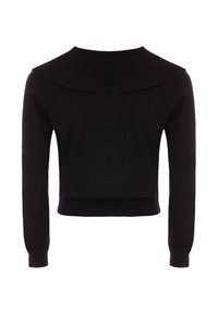 Maglione nero a maglia con maniche lunghe, lunghezza cropped e dettagli del colletto ampio. Texture liscia con polsini e orlo a coste.