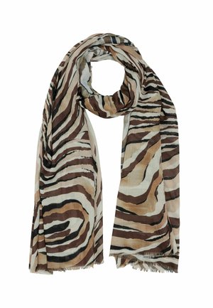 Brown and beige zebra-patterned scarf made of lightweight fabric, featuring a soft texture and fringed edges.