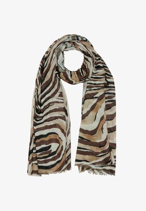 Braun-beige Zebramuster-Schal aus leichtem Stoff, mit weichem Griff und fransigen Kanten.