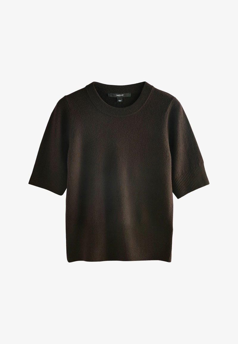 Dark brown short-sleeve knit sweater with ribbed cuffs, hem, and crew neckline, hanging flat against a white background.