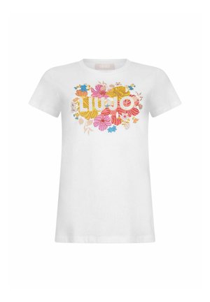 Fehér rövid ujjú póló színes virágmintával, amely a mellkason lévő "LIU JO" logót öleli körül.