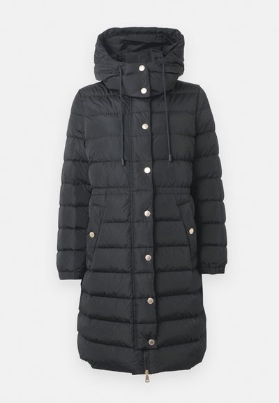 Black puffer coat with a hood, featuring horizontal stitching, silver snap buttons, two side pockets, and a front zipper closure.