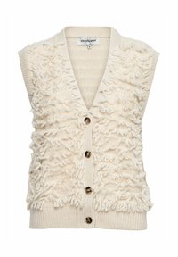 Crème gebreide mouwloze cardigan met een textuur van lussen garen en vier donkere knopen aan de voorkant.