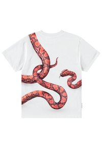 Weißes Baumwoll-T-Shirt mit einem großen, lebhaften roten und schwarzen Schlangengrafik auf der Rückseite, die detaillierte Schuppen und eine dynamische Pose zeigt.