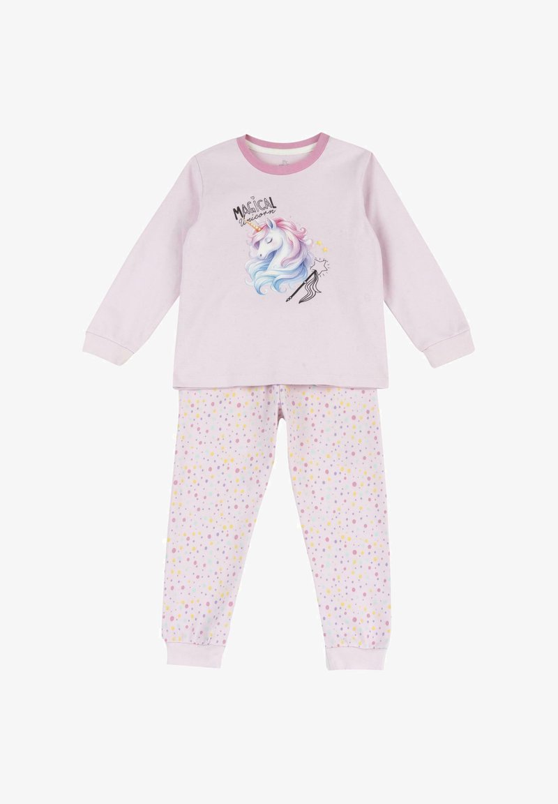 Pyjama enfant rose clair à manches longues, motif licorne et texte « Licorne magique » en haut, avec des pois multicolores sur le pantalon.