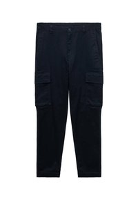 Marineblauwe cargo broek van katoen, met zijzakken, een ritszak en riemlussen; rechte pijpen met omgeslagen zomen.