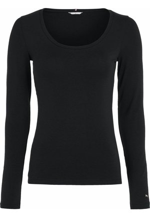 Sort langærmet tætsiddende top med rund halsudskæring og lille logodetalje på venstre ærmekant.