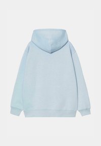 Sudadera azul claro hecha de una tela suave, con capucha clásica, mangas largas y puños y dobladillo acanalados. La parte de atrás es sencilla, sin diseños.