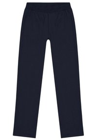 Navy blue pants made of soft fabric with a wide elastic waistband, straight legs, and no visible pockets or embellishments.