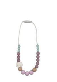 Collana di perline in silicone con pendente a forma di faccia di gatto. I colori includono rosa, viola, verde menta e trame simili al legno naturale.
