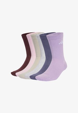 Ensemble de chaussettes en coton de type crew dans des tons de bordeaux, rose, beige, gris, violet foncé et violet clair ; texture côtelée avec détail du logo.