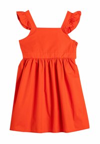 Orangenes Baumwollkleid mit Schulterrüschen, einer taillierten Blende und einem ausgestellten Rock. Glatte Textur mit einer gerafften Taille.