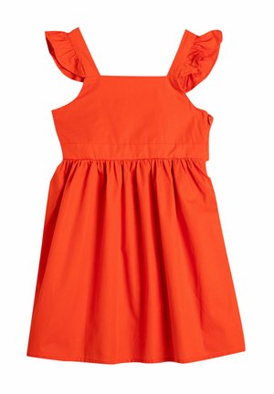Oranje katoenen jurk met schouderruffles, een aansluitend lijfje en een uitlopende rok. Soepele textuur met een geraffineerde taille.