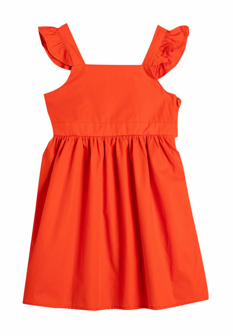 Orangenes Baumwollkleid mit Schulterrüschen, einer taillierten Blende und einem ausgestellten Rock. Glatte Textur mit einer gerafften Taille.