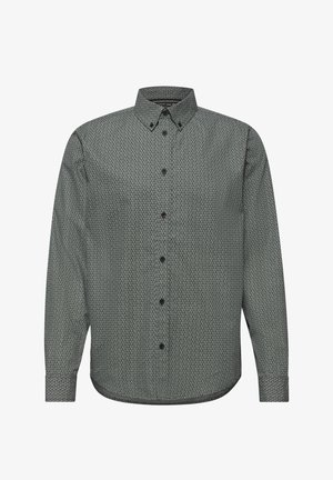 Pitkähihaiset nappipaita, jossa on pieni geometrinen kuvio tumman- ja vaaleanharmaana, ja jossa on nappikiinnitteinen kaulus.