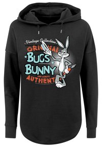 Čierna mikina s kapucňou s živou grafikou Krtka Bugs Bunny a textom "Vintage kolekcia", "Originálny Bugs Bunny" a "Autentický".