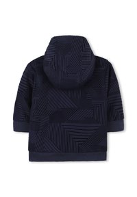 Hoodie bleu marine avec un motif géométrique texturé, une capuche et des poignets et un ourlet côtelés. Fabriqué dans un matériau doux avec une finition lisse.