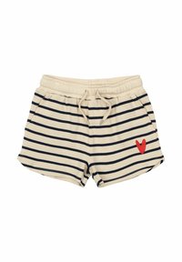 Shorts beiges avec rayures bleu marine, taille élastique, cordon de serrage et accent en forme de cœur rouge sur le côté gauche. Tissu en mélange de coton, design décontracté.