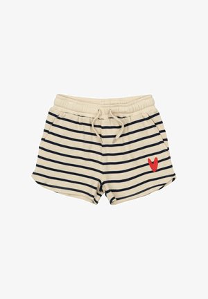 Beige Shorts mit navy Streifen, elastischem Bund, Kordelzug und rotem Herzakzent auf der linken Seite. Baumwollmischgewebe, lässiges Design.
