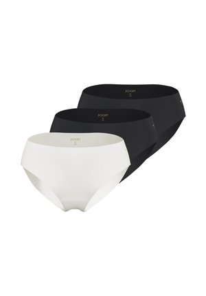 Kolmet saumattomat alushousut mustana ja valkoisena, keskikokoisina, kerroksittain vaakasuorassa rivissä valkoisella taustalla.