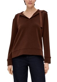 Felpa con cappuccio marrone, scollo a V, con cordini, vestibilità rilassata, maniche lunghe e tessuto a contrasto sull'orlo. Materiale morbido e leggero.