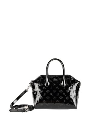 Borsa a mano in pelle verniciata nera con motivi floreali e logo in rilievo, doppi manici superiori, tracolla rimovibile e chiusura con zip.