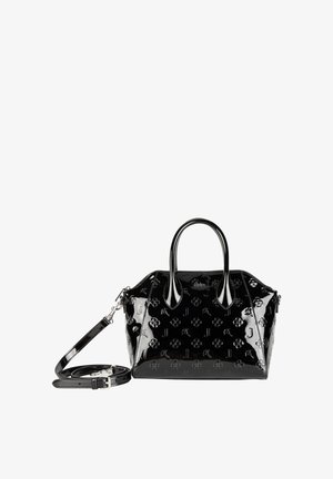 Borsa a mano in pelle verniciata nera con motivi floreali e logo in rilievo, doppi manici superiori, tracolla rimovibile e chiusura con zip.