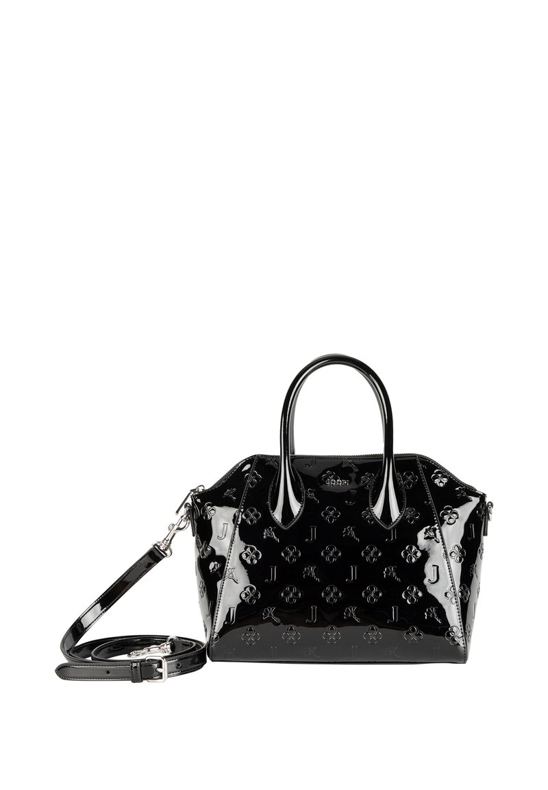 Czarna torebka z lakierowanej skóry z tłoczonymi wzorami kwiatowymi i logo, dwoma górnymi uchwytami, odpinanym paskiem i zapięciem na zamek.