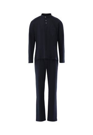 Dunkelblaues, langärmliges Oberteil mit drei Knöpfen am Kragen und passenden geraden Hosen.