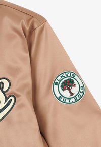 Manche d'une veste beige avec un écusson circulaire montrant un arbre avec des fruits rouges et le texte "BLKVIS EST. 2013" en vert et blanc.