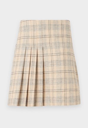 Falda a rayas plisada en beige con líneas azules y marrones, que presenta una cinturilla ajustada y una tela texturizada para un aspecto estructurado.