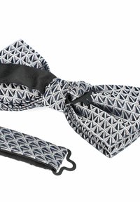 Muszy wzorzysty krawat w kolorze granatowym i srebrnym, z geometrycznym wzorem oraz czarnym regulowanym paskiem z metalowym zapięciem.