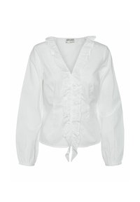 Witte blouse met een v-hals en rimpelrand, lange mouwen en een geschurde strikdetail aan de zoom. Glad katoen met een nette afwerking.