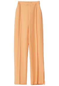 Peach wide-leg trousers with a high elastic waistband, featuring front pleats and side split details for ease of movement.