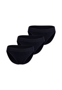 Tre paia di mutande in cotone blu scuro, con una cintura liscia e un design semplice e senza cuciture, privo di fantasie.