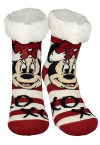 Calzini a righe rosse e bianche con bordo soffice bianco, decorati con il volto di un personaggio dei cartoni e motivo testuale "xoxo". Materiale morbido a maglia.