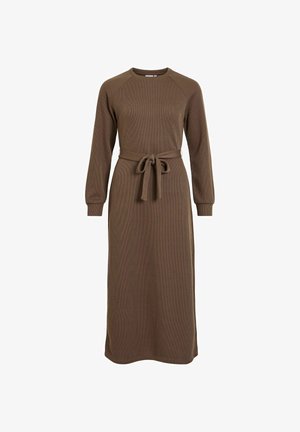 Hnědé žebrované šaty s dlouhým rukávem, kulatým výstřihem, přiléhavým pasem a odpovídajícím látkovým pásem, se střihovým střihem a manžetami na rukávech.