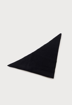 Schwarzes dreieckiges Stoffbandana mit einem subtilen strukturierten Muster, flach auf hellem Hintergrund ausgelegt.
