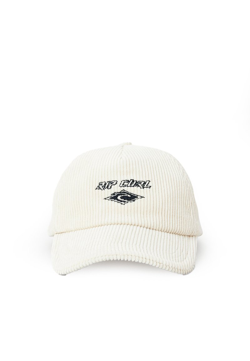 Witte corduroy pet met een gebogen klep, geborduurde "RIP CURL" tekst en logo in het zwart, met een horizontale textuur en gestikte naden.