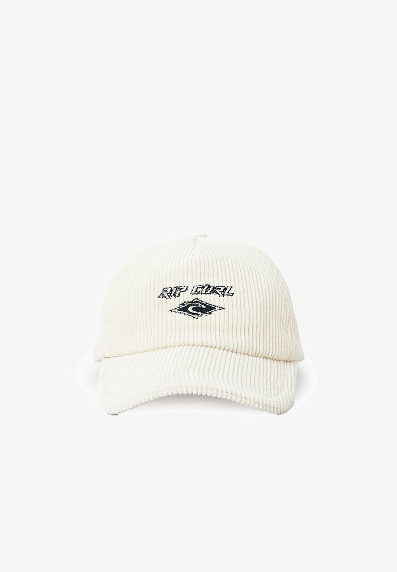Biała czapka z korduroju z zakrzywionym daszkiem, haftowanym napisem "RIP CURL" oraz logo w czerni, charakteryzująca się poziomą teksturą i przeszytymi szwami.