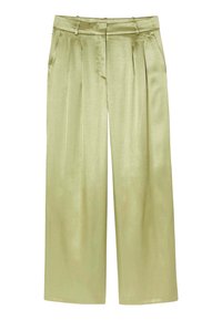 Pantalons larges vert pâle en satin, avec des plis, une taille ajustée et des accents de boutons. Texture lisse avec une finition brillante.