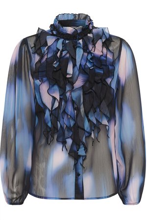 Camicia trasparente a maniche lunghe con collo alto arricciato, motivo multicolore blu e nero e volant testurizzati sul davanti.