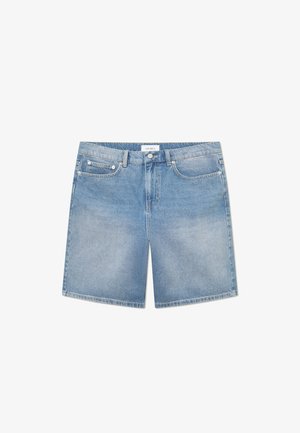 Jasnoniebieskie szorty dżinsowe o luźnym kroju. Posiadają dwie przednie kieszenie, guzik na górze oraz szlufki na pasek. Klasyczny pięciokieszeniowy design.