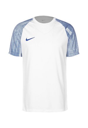 T-shirt de sport blanc à manches courtes avec des manches rayées bleues et un logo Nike bleu sur la poitrine gauche.