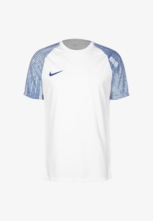 T-shirt de sport blanc à manches courtes avec des manches rayées bleues et un logo Nike bleu sur la poitrine gauche.